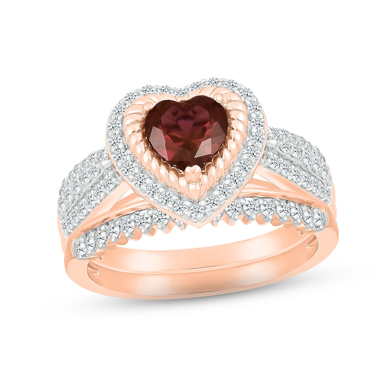 Main Image 1 of Garnet & Diamond Bridal Set 1/2 ct tw Heart & Round-cut 10K Rose Gold