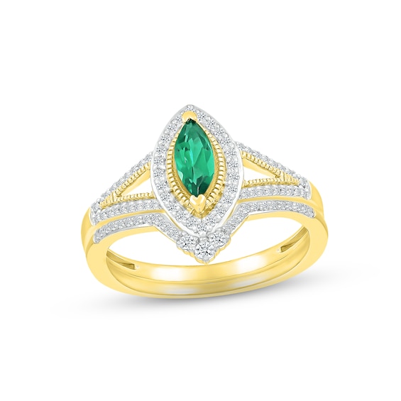 Emerald & Diamond Bridal Set 1/5 ct tw Marquise & Round-cut 10K Yellow Gold