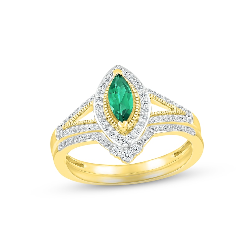 Main Image 1 of Emerald & Diamond Bridal Set 1/5 ct tw Marquise & Round-cut 10K Yellow Gold