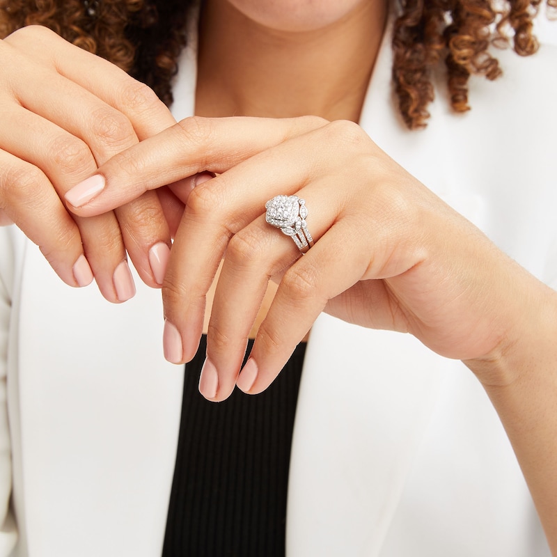 Main Image 5 of Multi-Diamond Center Bridal Set 1 ct tw Round-cut 10K White Gold