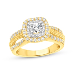 Round-Cut Diamond Cushion Halo Engagement Ring 1 ct tw 14K Two-Tone Gold