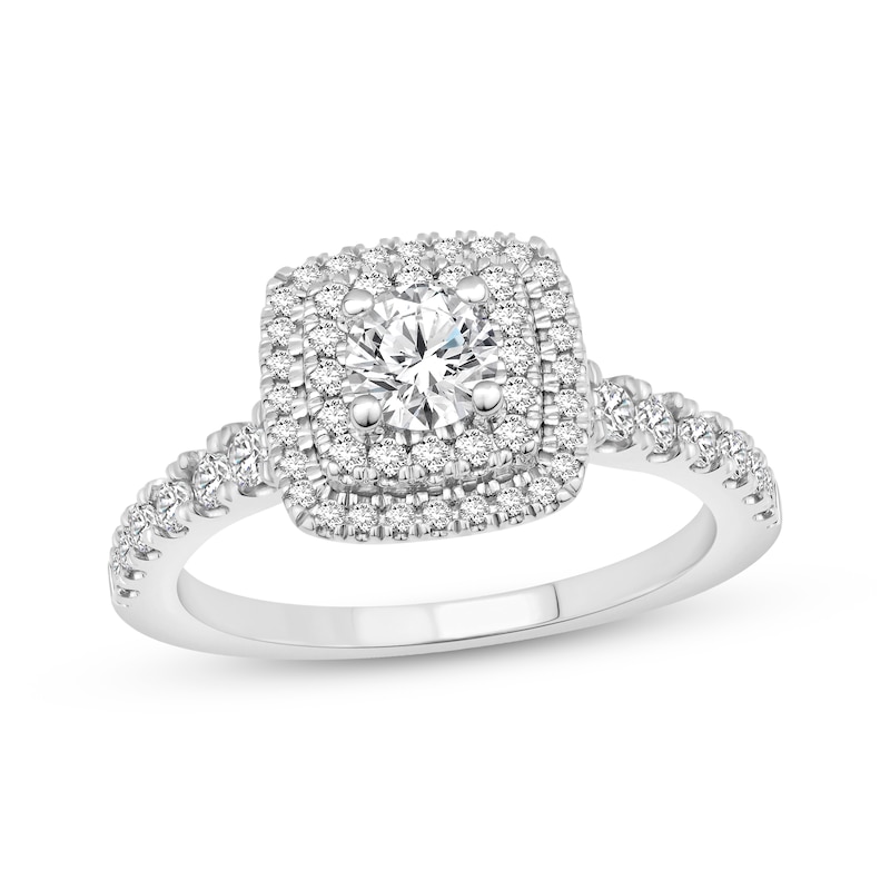 Main Image 1 of Adore Round-Cut Diamond Double Halo Cushion Engagement Ring 1 ct tw 18K White Gold