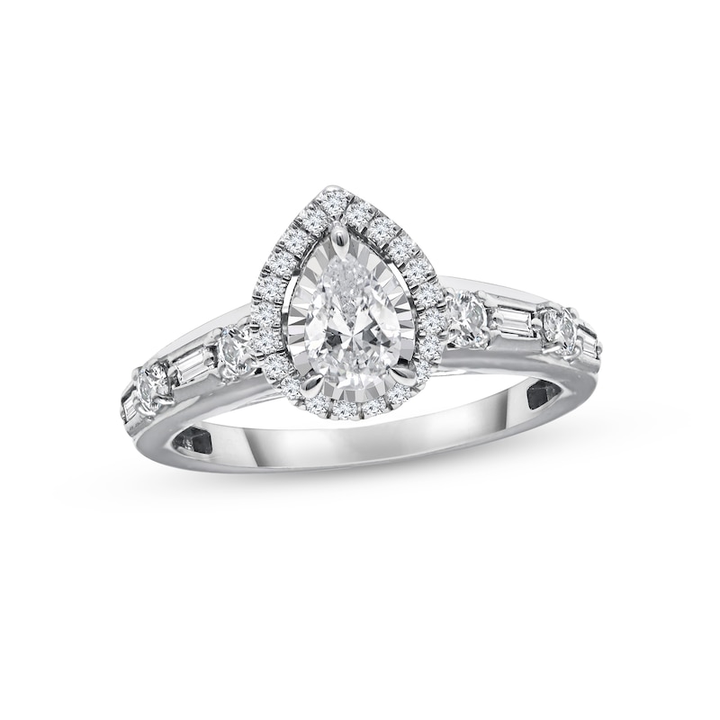 Diamond Engagement Ring 1 ct tw Pear, Round & Baguette-cut 14K White ...