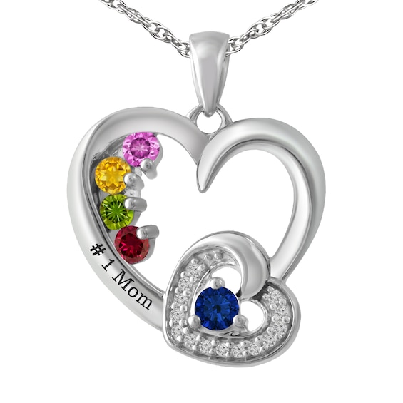 1/15 cttw Diamond and Birthstone Family & Mother's Heart Necklace