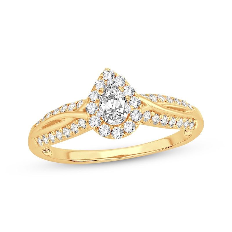 Pear-Shaped Diamond Halo Twist Shank Engagement Ring 1/2 ct tw 14K Yellow Gold