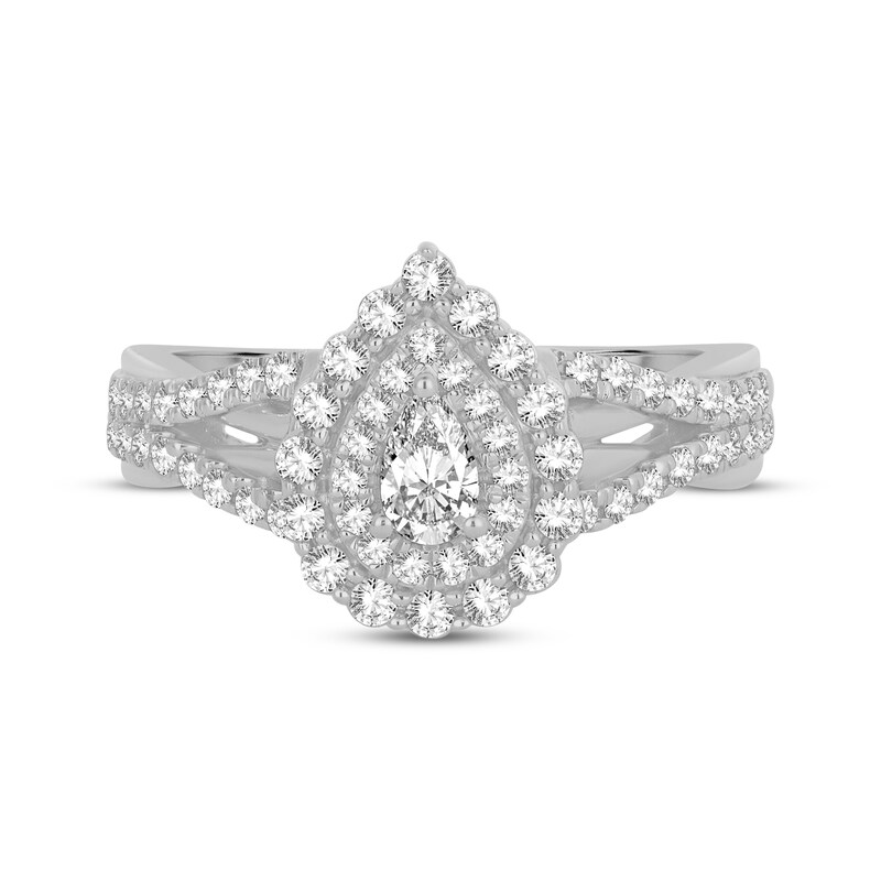 Main Image 3 of Pear-Shaped Diamond Double Halo Engagement Ring 3/4 ct tw 14K White Gold