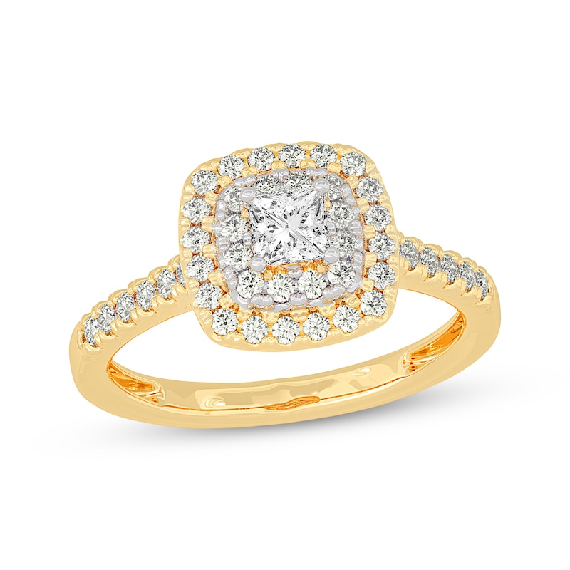 Main Image 1 of Adore Princess-Cut Diamond Cushion Halo Engagement Ring 5/8 ct tw 14K Yellow Gold