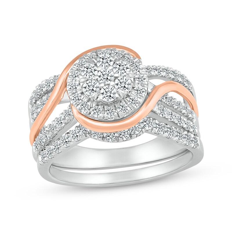 Main Image 1 of Adore Multi-Diamond Bypass Halo Round-Cut Bridal Set 7/8 ct tw 10K Two-Tone Gold