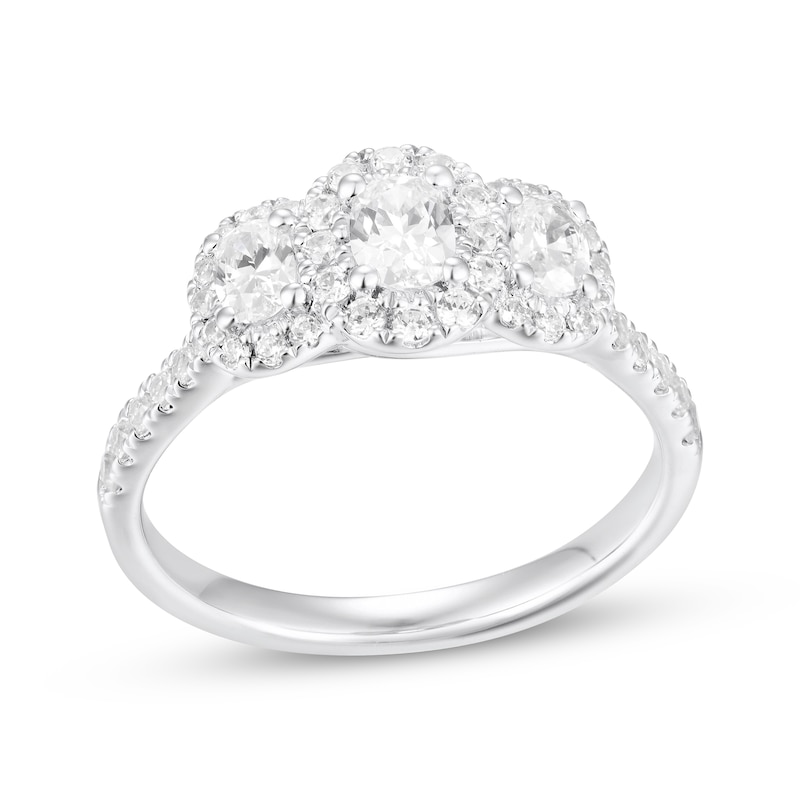 Main Image 1 of Adore Oval-Cut Diamond Three-Stone Halo Engagement Ring 1 ct tw 14K White Gold