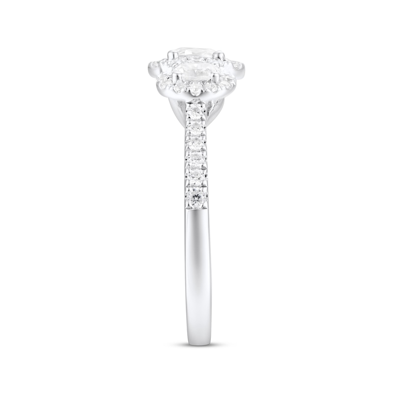 Main Image 2 of Adore Oval-Cut Diamond Three-Stone Halo Engagement Ring 1 ct tw 14K White Gold