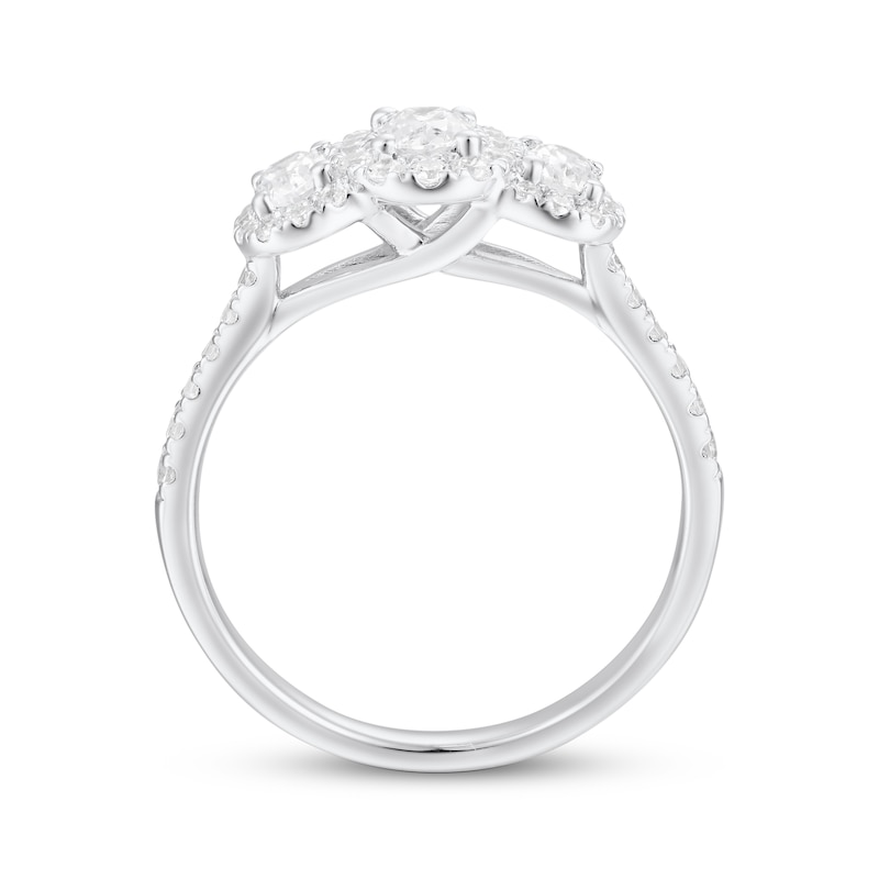 Main Image 3 of Adore Oval-Cut Diamond Three-Stone Halo Engagement Ring 1 ct tw 14K White Gold