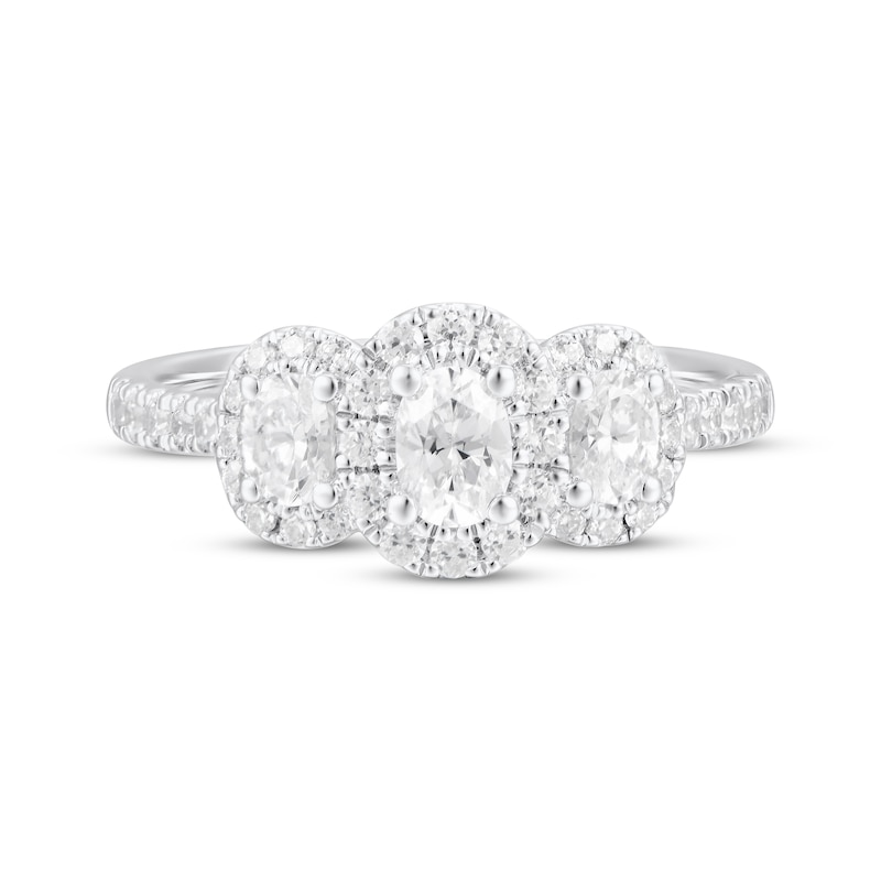 Main Image 4 of Adore Oval-Cut Diamond Three-Stone Halo Engagement Ring 1 ct tw 14K White Gold