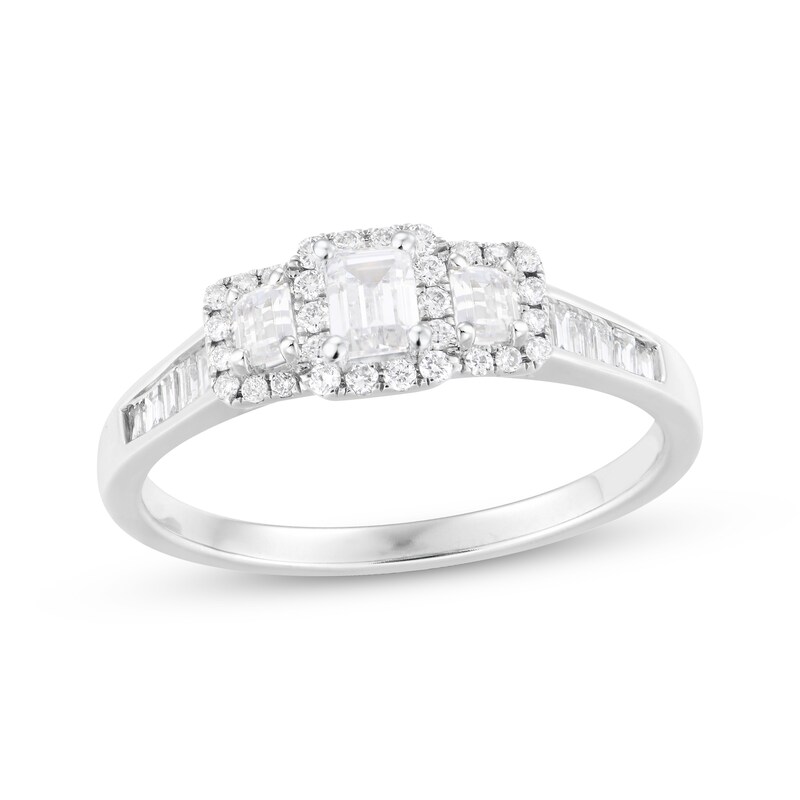 Main Image 1 of Adore Emerald-Cut Diamond Three-Stone Engagement Ring 3/4 ct tw 14K White Gold