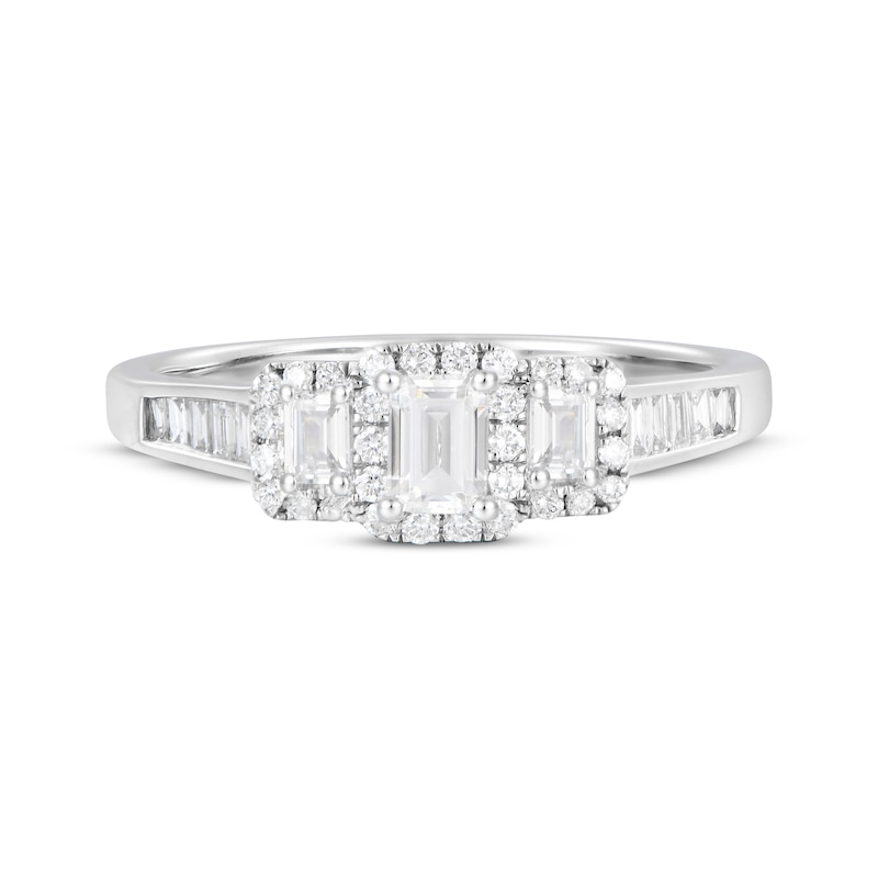 Main Image 4 of Adore Emerald-Cut Diamond Three-Stone Engagement Ring 3/4 ct tw 14K White Gold