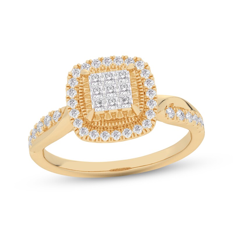 Main Image 1 of Adore Princess-Cut Multi-Diamond Cushion Halo Engagement Ring 1/2 ct tw 14K Yellow Gold