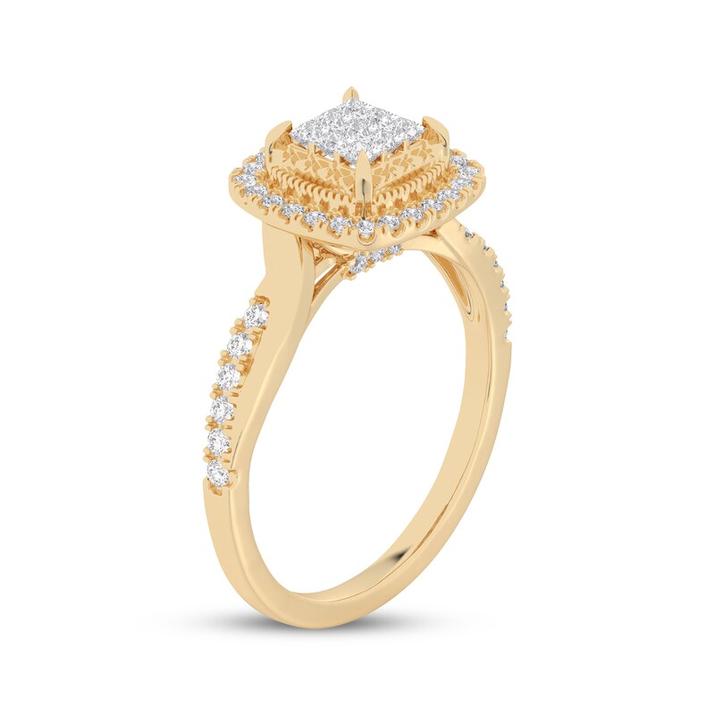 Main Image 2 of Adore Princess-Cut Multi-Diamond Cushion Halo Engagement Ring 1/2 ct tw 14K Yellow Gold