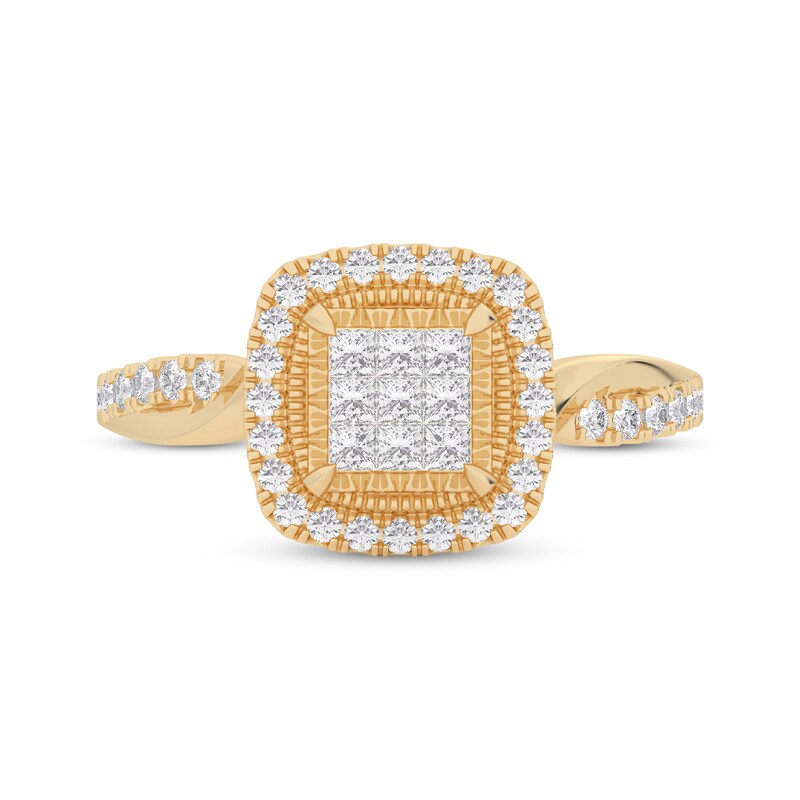 Main Image 3 of Adore Princess-Cut Multi-Diamond Cushion Halo Engagement Ring 1/2 ct tw 14K Yellow Gold