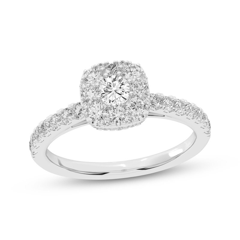 Multi-Diamond Center Cushion-Shaped Halo Engagement Ring 3/4 ct tw 14K White Gold