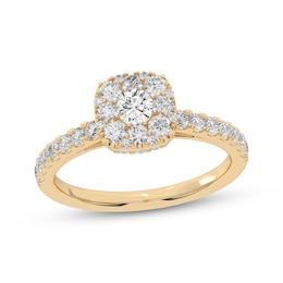 Multi-Diamond Center Cushion-Shaped Halo Engagement Ring 3/4 ct tw 14K Yellow Gold