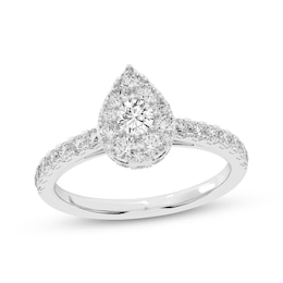Multi-Diamond Center Pear-Shaped Halo Engagement Ring 3/4 ct tw 14K White Gold