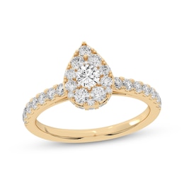Multi-Diamond Center Pear-Shaped Halo Engagement Ring 3/4 ct tw 14K Yellow Gold