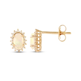 Oval-Cut Natural Opal & Diamond Halo Stud Earrings 1/6 ct tw 10K Yellow Gold
