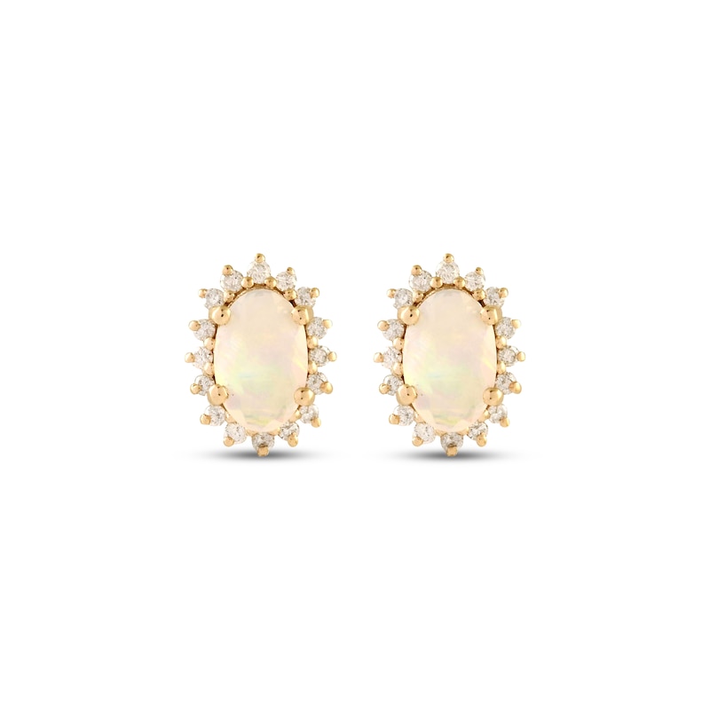 Main Image 2 of Oval-Cut Natural Opal & Diamond Halo Stud Earrings 1/6 ct tw 10K Yellow Gold