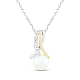 Cultured Pearl & White Lab-Created Sapphire Necklace Sterling Silver & 10K Yellow Gold 18"