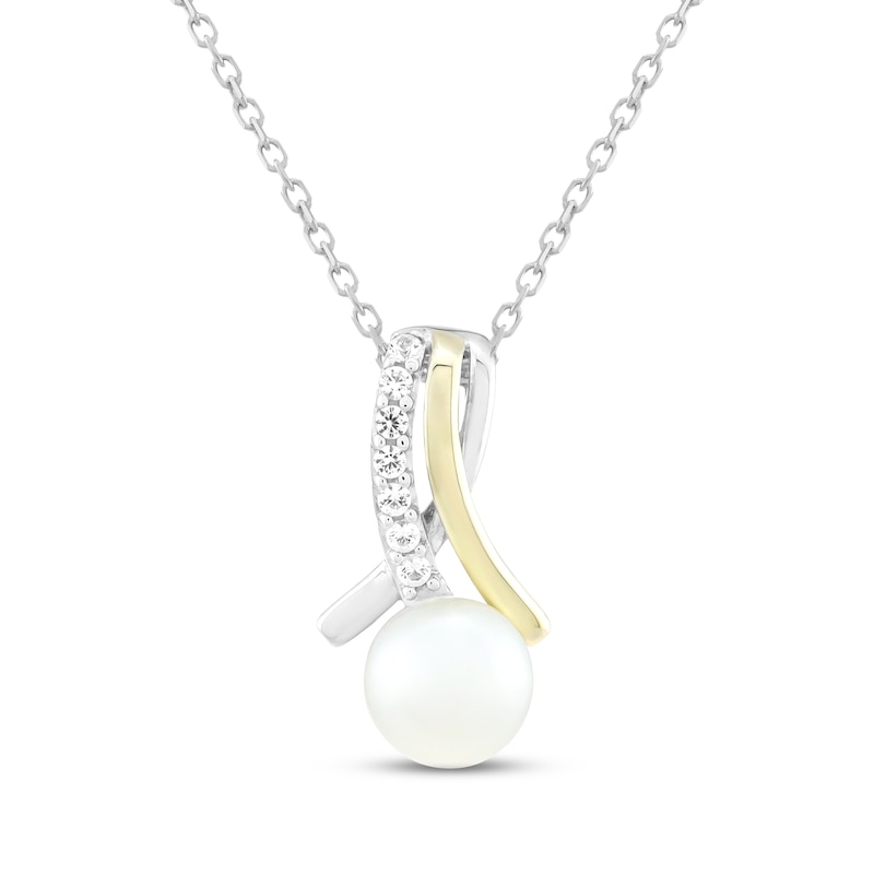 Main Image 1 of Cultured Pearl & White Lab-Created Sapphire Necklace Sterling Silver & 10K Yellow Gold 18"