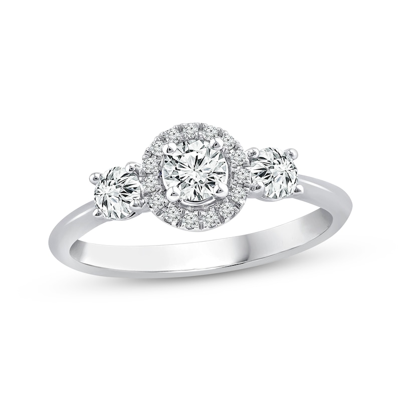 Main Image 1 of Adore Round-Cut Diamond Three-Stone Center Halo Engagement Ring 5/8 ct tw 14K White Gold