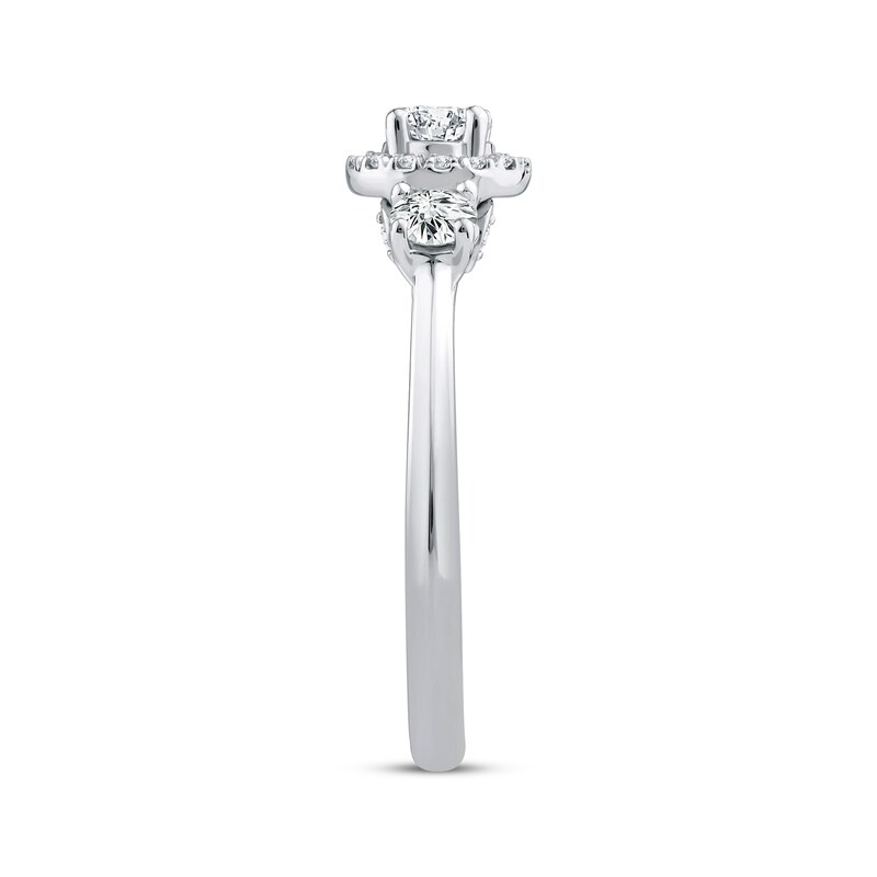 Main Image 2 of Adore Round-Cut Diamond Three-Stone Center Halo Engagement Ring 5/8 ct tw 14K White Gold