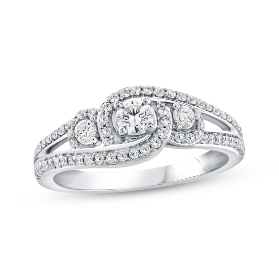 Round-Cut Diamond Three-Stone Swirl Engagement Ring 1/2 ct tw 14K White Gold