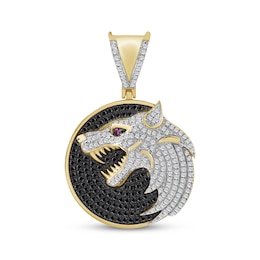 Men's Black & White Diamond, Lab-Created Ruby Wolf Charm 3/4 ct tw 10K Yellow Gold