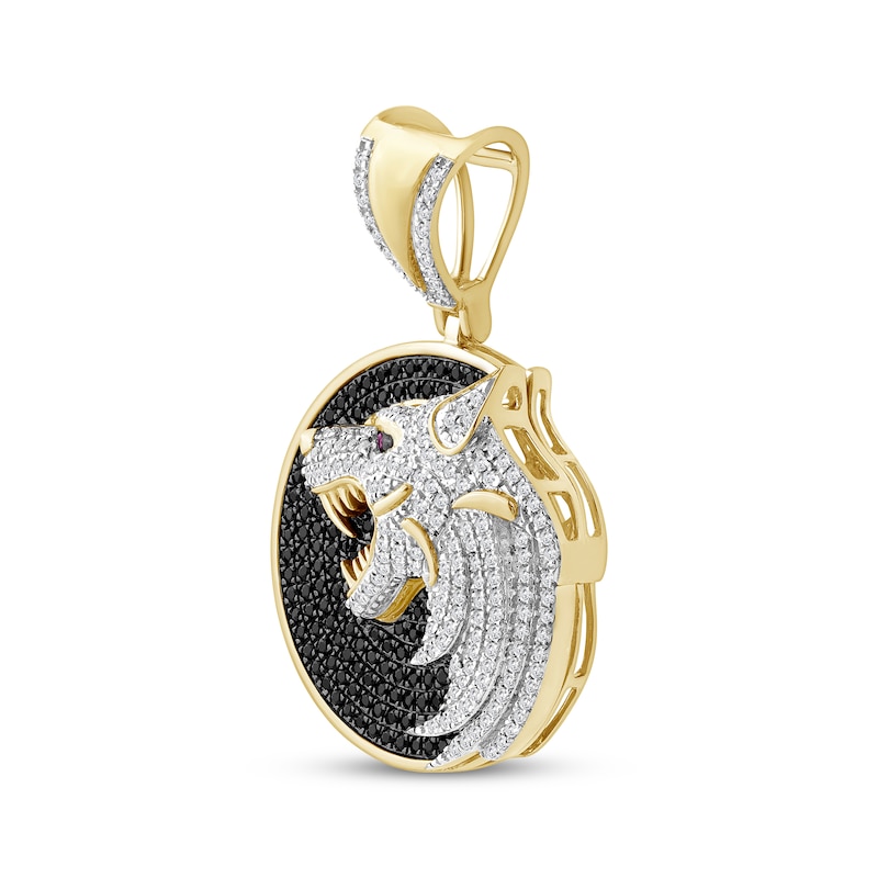 Main Image 2 of Men's Black & White Diamond, Lab-Created Ruby Wolf Charm 3/4 ct tw 10K Yellow Gold