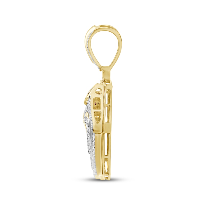 Main Image 3 of Men's Black & White Diamond, Lab-Created Ruby Wolf Charm 3/4 ct tw 10K Yellow Gold
