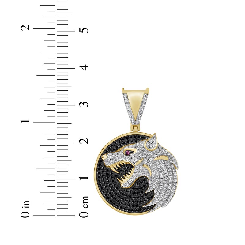 Main Image 5 of Men's Black & White Diamond, Lab-Created Ruby Wolf Charm 3/4 ct tw 10K Yellow Gold