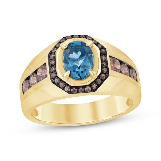 Men's Oval-Cut London Blue Topaz & Brown Diamond Ring 7/8 ct tw 10K Yellow Gold
