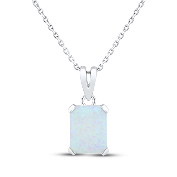 Emerald-Cut Lab-Created Opal Solitaire Necklace Sterling Silver 18"