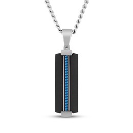 Men's Slender Dog Tag Necklace Stainless Steel with Black & Blue Ion Plating 24"