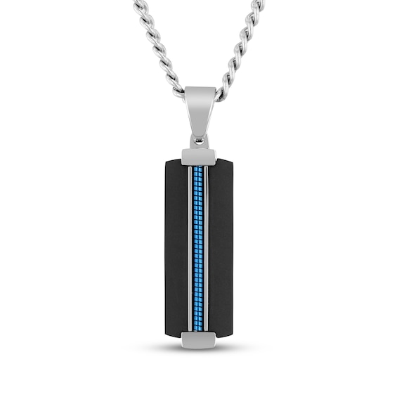 Men's Slender Dog Tag Necklace Stainless Steel with Black & Blue Ion Plating 24"