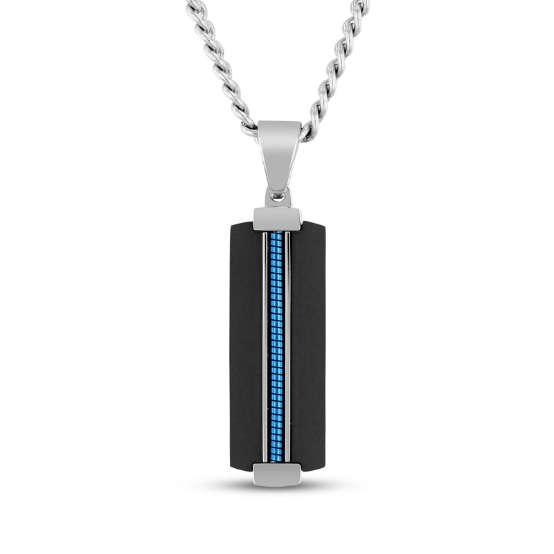 Main Image 1 of Men's Slender Dog Tag Necklace Stainless Steel with Black & Blue Ion Plating 24"