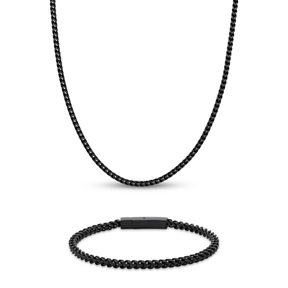Men's Foxtail Chain Necklace & Bracelet Gift Set Black Ion-Plated Solid Stainless Steel