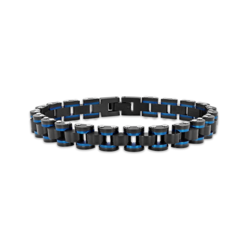 Main Image 1 of Men's Railroad Link Chain Bracelet Black & Blue Ion-Plated Stainless Steel 8.5"
