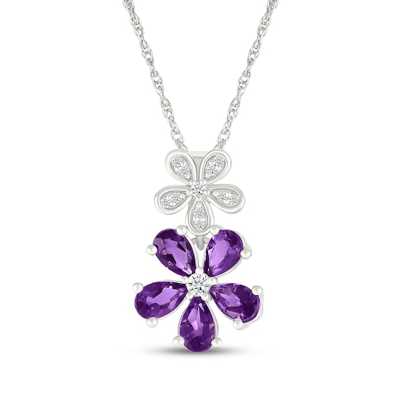 Pear-Shaped Amethyst & White Lab-Created Sapphire Flower Necklace Sterling Silver 18"