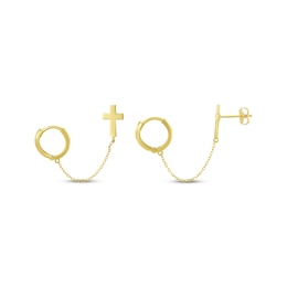 Cross & Hoop Chain-Link Double Earrings 14K Yellow Gold