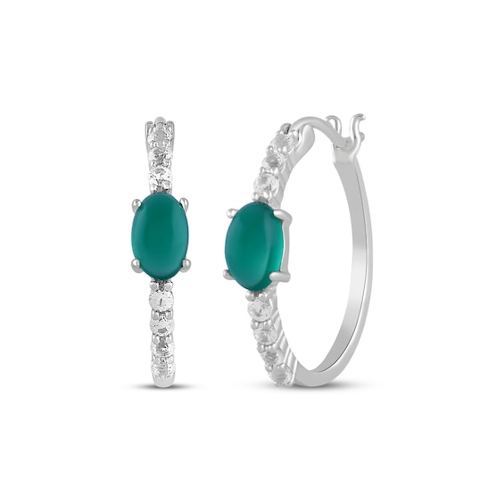 Oval-Cut Green Onyx & White Lab-Created Sapphire Hoop Earrings Sterling Silver