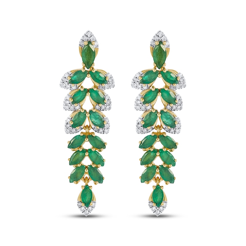 Main Image 2 of Marquise-Cut Natural Emerald & Diamond Leaf Cascade Earrings 1/4 ct tw 14K Yellow Gold