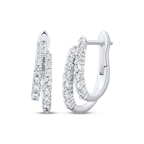 Diamond Staggered Two-Row Split Huggie Hoop Earrings 1/2 ct tw 10K White Gold