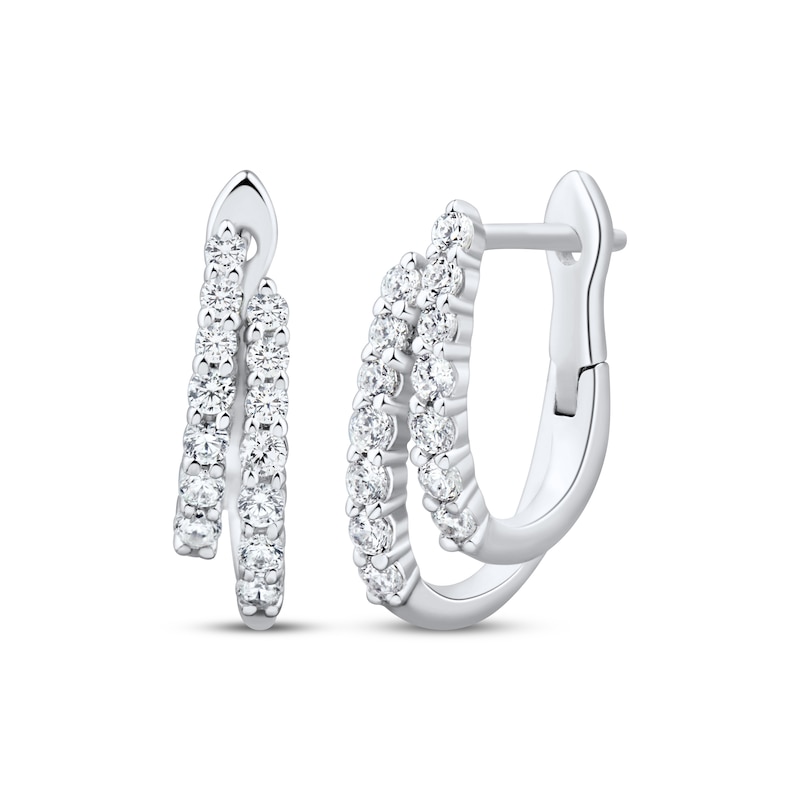 Main Image 1 of Diamond Staggered Two-Row Split Huggie Hoop Earrings 1/2 ct tw 10K White Gold