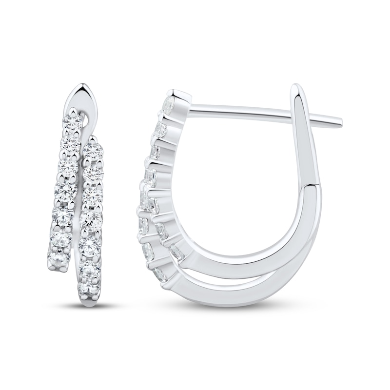 Main Image 3 of Diamond Staggered Two-Row Split Huggie Hoop Earrings 1/2 ct tw 10K White Gold